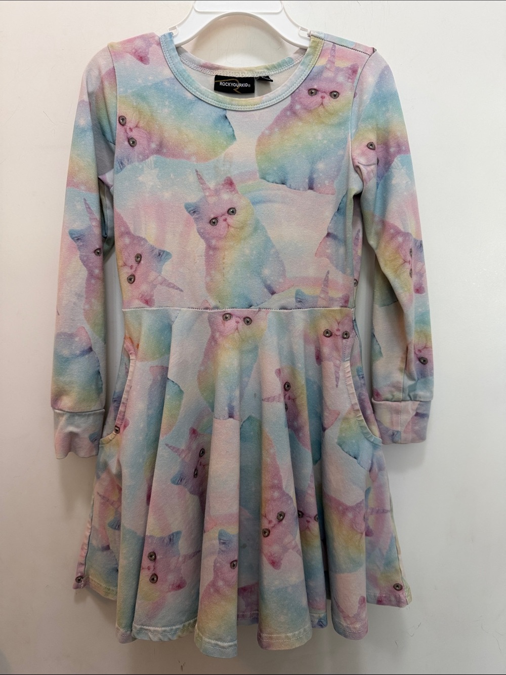 Pastel Rainbow Unicorn Cat Print Kids Dress - Pink/Blue